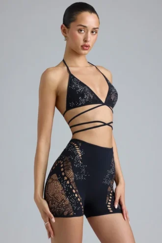 Liberty Embellished Cross-Strap Bikini Top in Black