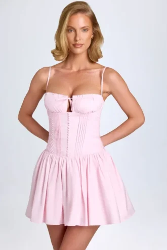 Dorothea Pintucked Shirred Mini Dress in Blush