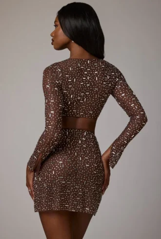 Guilia Sheer Embellished Long Sleeve Crop Top in Deep Cocoa