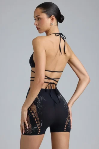 Liberty Embellished Cross-Strap Bikini Top in Black