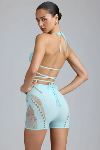 Liberty Embellished Cross-Strap Bikini Top in Ice Blue