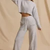 Ribbed Knit Mid-Rise Wide-Leg Joggers in Ice Marl